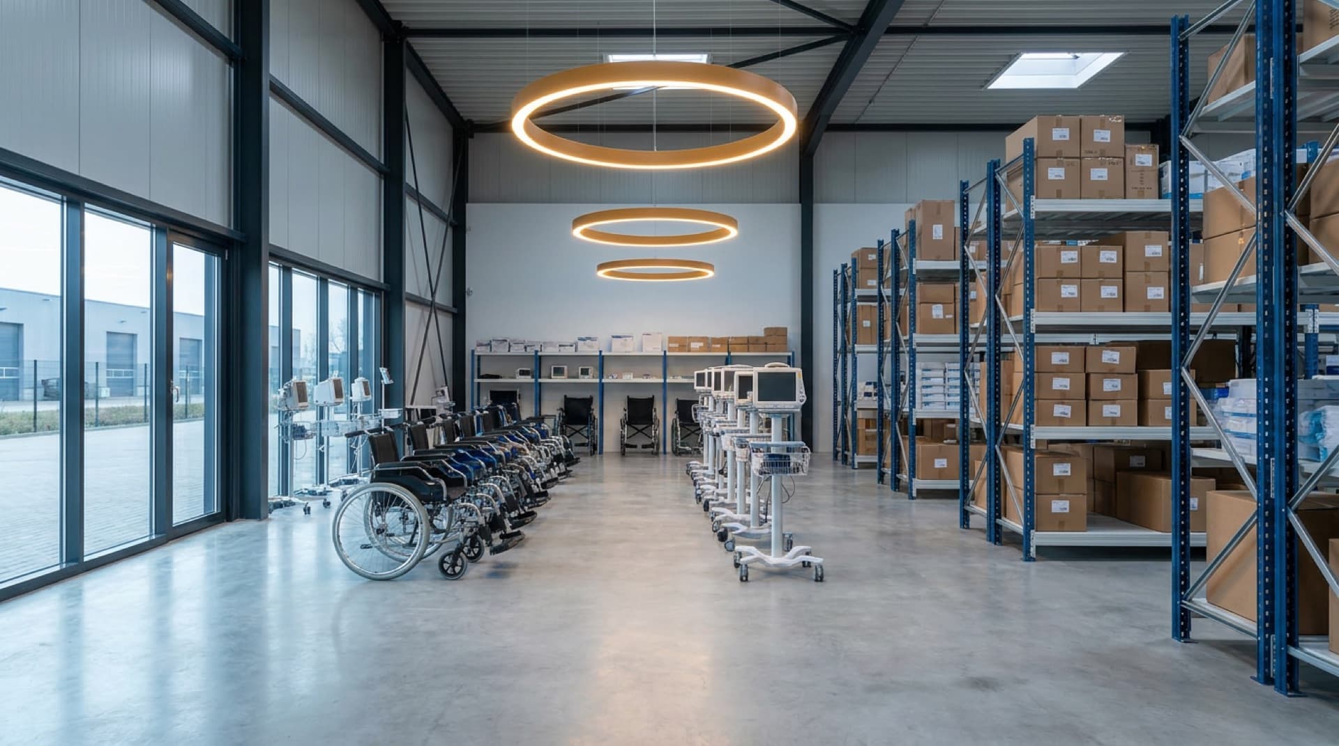 Medical equipment showroom with wheelchairs, patient monitors and stocked shelving